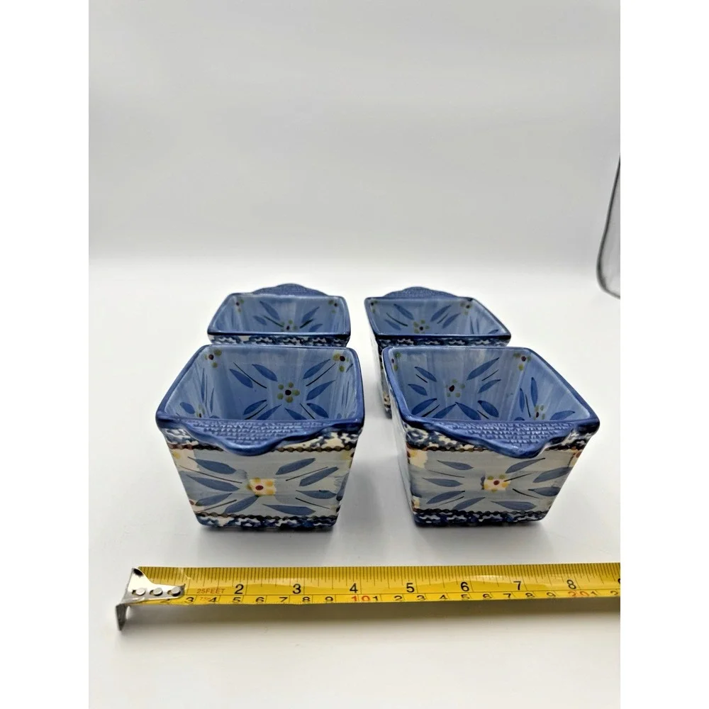 Temp-tations Old World Blue Set of 4 Mini Square Bakers Ramekins Handles